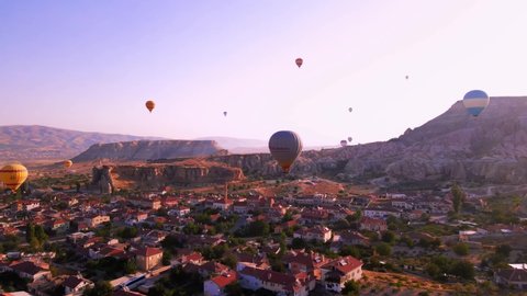 Cappadocia, Turkey - April 1, 2022: Aerial 4k top view of Cappadocia in Turkey