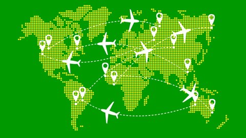 Animated planes fly along a trajectory. Airplane travel. Looped video. Airplane fly from one place to another. yellow world map from point pattern on a green background.