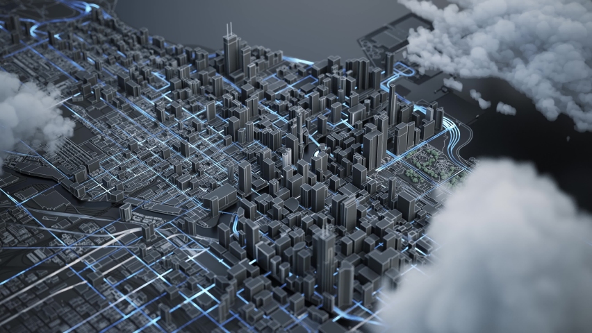 Model of a modern city. Aerial view of night city streets. Digital map of Chicago city. 3d animation - Powered by Shutterstock - Get 15% off with code: PIKWIZARD15