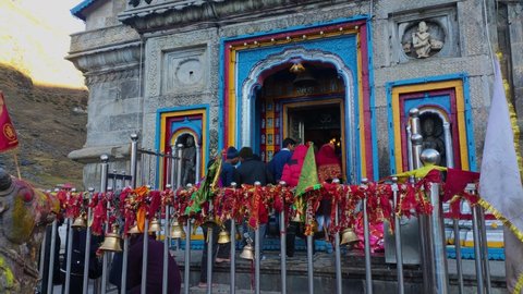 Kedarnath, India - June 29 2019: One minute footage of Hindu Pilgrims entering inside a holy temple of God Shiva Kedarnath Temple Char Dham Yatra Uttarakhand India