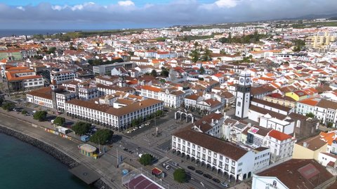 Ponta Delgada, San Miguel, Azores islands. Aerial view of city center. Portas da cidade. City entrance.