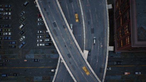 Top view to the motorway intersection in New York. A lot of road crossings in the megapolis. Active urban traffic. Expressway, high skyscrapers downtown on horizon. Drone top shots. High quality 4k