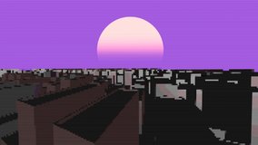 City and sunset 8 bit. 3d animation