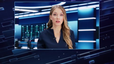 TV Live News Program: Female Presenter Reporting News on Television Cable Channel Newsroom Studio: Anchorwoman Talks Broadcasting from a Network Television Studio Playback