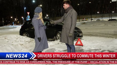 TV News Live Report Montage: Presenter Does Interview with Traffic Accident Car Crash Victim. Car Road Crash Stormy Winter Weather Condition. Television Program Channel Playback. Luma Matte