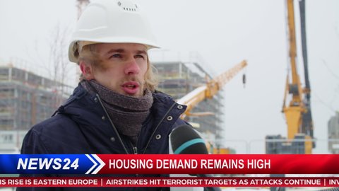 TV News Live Report Montage Interview. Real-Estate Buildings Development Segment: Reporter Talking with Construction Worker Engineer. Television Program Channel Playback. Luma Matte