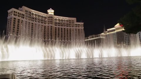 Las Vegas, USA - January 2016 : Musical water show of the dancing fountains of the Bellagio hotel at night, a luxury hotel and casino on the Las Vegas strip Nevada, United States