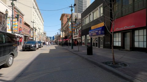 Calgary, Alberta - April 24, 2022: Views along Stephen Ave pedestrian mall in downtown Calgary in spring. 