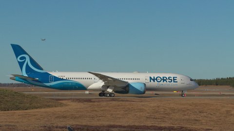 Oslo Airport Norway - April 22 2022: airplane boeing 787 dreamliner norse atlantic airways rondane on ground