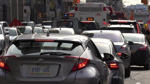 Toronto, Ontario, Canada April 2022 Epic traffic and transit gridlock in downtown Toronto city streets