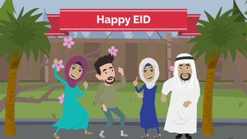 Happy people dancing at Eid day celebration cartoon animation background
