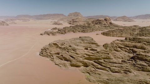 Panorama Of Mountain Ranges In The Desert Of Wadi Rum In Jordan, Middle East. Aerial Wide Shot
