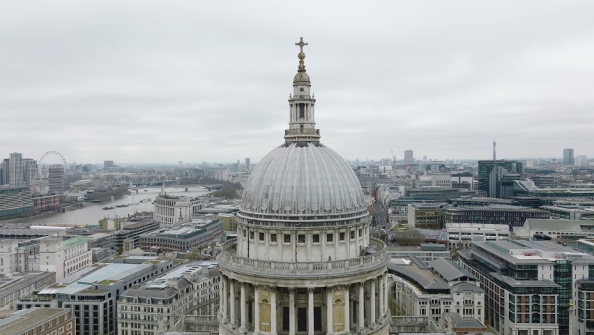 Largest Dome Of St. Paul's Cathedral With City View At Background In London, England. Aerial Drone Shot Royalty-Free Stock Footage #1089634691