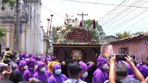Guatemala , Guatemala - 04 14 2022: Processión in Antigua Guatemala during Holy Week, 2022