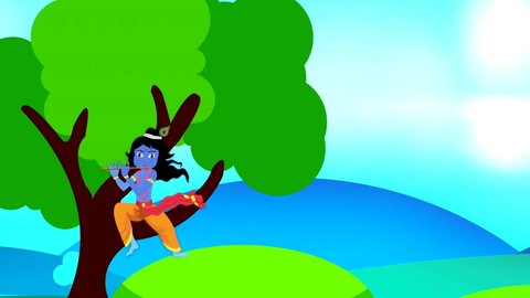 Lord Krishna Playing the Flute sitting on a tre, krishna animated video for Janmashtami festival holiday