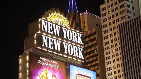 Las Vegas, USA - January 2016 : Neons of the New York New York Hotel and Casino on the Las Vegas Strip at night, in Nevada, United States