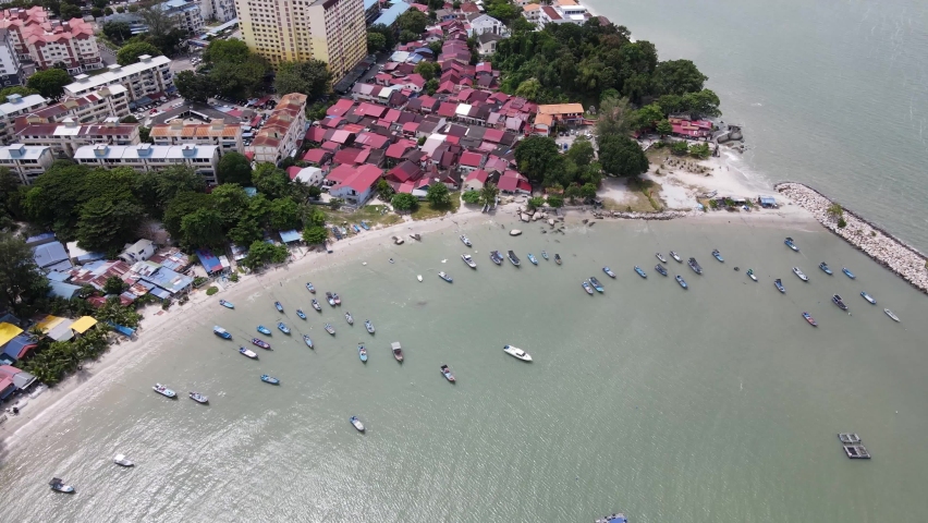 Aerial view fishing boat park at estuary of Tanjung Tokong