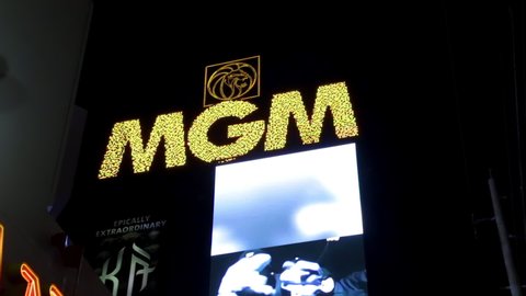 Las Vegas, USA - January 2016 : Illuminated logo outside the MGM Grand Las Vegas resort hotel in Las Vegas at night
