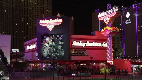 Las Vegas, USA - January 2016 : Harley-Davidson Cafe restaurant at night, located on the Las Vegas strip at night