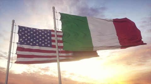Italy and United States flag on flagpole. Italy and USA waving flag in wind. Italy and United States diplomatic concept