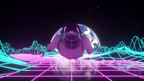 Astronaut surrounded by flashing neon lights. Music and nightclub concept. Retro 80s style synthwave background