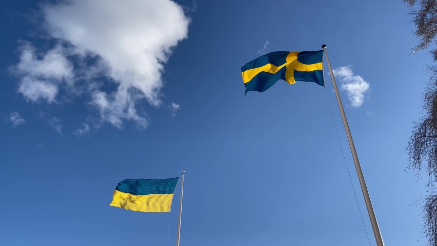 Flag of Ukraine and Sweden on pole waving in wind at government city hall building in Swedish capital city.  Royalty-Free Stock Footage #1089641563