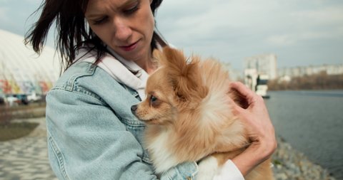Woman holding a small foxy-colored dog Spitz. Dog looking around.