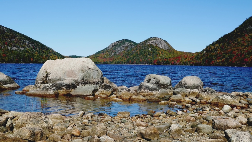 Beautiful view from Jordan Pond in Acadia National Park in Autumn season