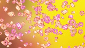 3D rendered Falling donuts on an green screen floating sweet candies Loop Background. 4K Food, health, fast food concept. Bakery and food concept. Delicious Flying sweet pink dessert.