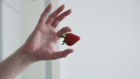 Male hand drops fresh strawberry into water, washing sweet berries in process of cooking in kitchen underwater view, bottom up, slow motion view from below - Powered by Shutterstock - Get 15% off with code: PIKWIZARD15