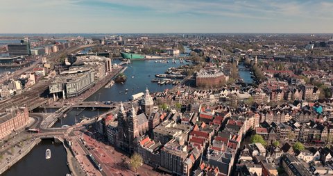 Amsterdam, The Netherlands - April 2022 : Aerial view of one of Europe's biggest tourist destinations as it recovers from the economic burden of the Covid-19 pandemic