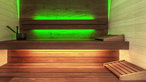 Static view of wooden sauna room with colorful lights along with traditional sauna accessories for relaxation purpose.