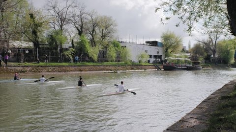 Timisoara , Romania - 04 16 2022: People Boating On River In Romania, Timisoara - April 2022