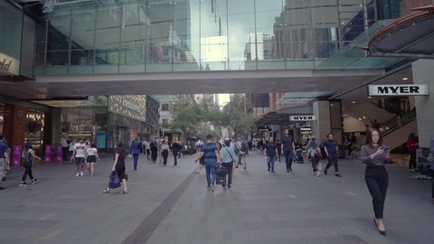 Sydney, Australia - Mar 23, 2022: Slow motion video of people at Pitt Street Mall in Sydney CBD