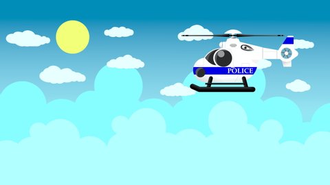 A white police helicopter with a blue stripe flies against a blue sky with clouds and the sun. Abstract looped animation with drawn elements.