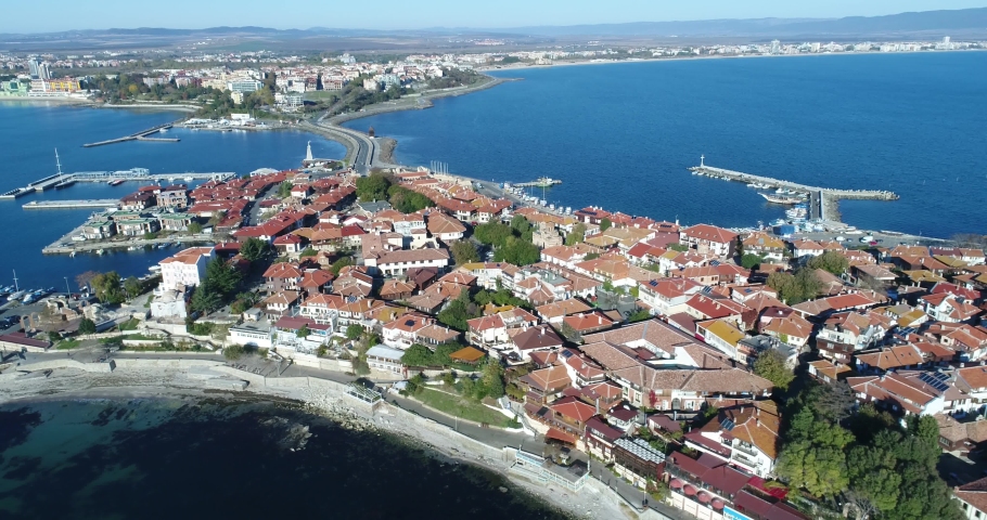 Aerial view of Nessebar, ancient city on the Black Sea coast of Bulgaria.