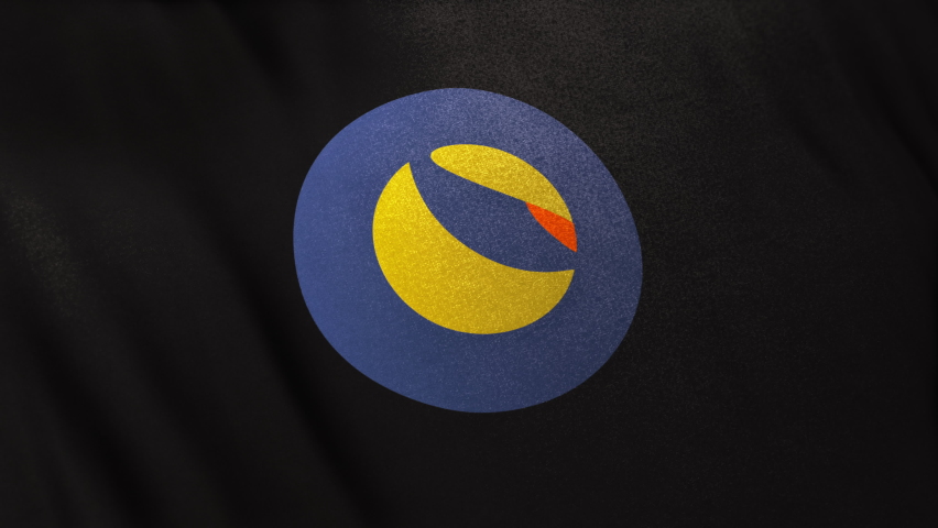 Terra LUNA Coin icon logo on black flag loop banner background. Concept 3D animation for cryptocurrency and fintech using blockchain technology to secure transactions in stock exchange DeFi market.