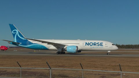 Oslo Airport Norway - April 22 2022: airplane boeing 787 dreamliner norse atlantic airways rondane taxiing turning