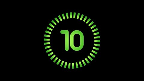 Old Style Video Countdown Counter from 10 to 1 Green Digits and Counter on Black Background