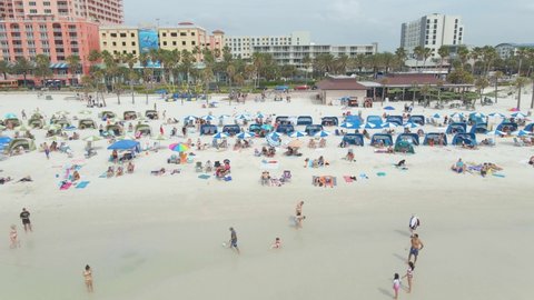 Crowded beach in Clearwater Florida, beautiful white sand, spring break, aerial