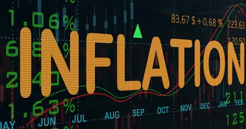 Rising inflation. The word inflation on a screen surrounded by numbers, prices, currency, percentages, rising charts, graphs and lines. 3D animation