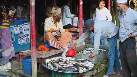 Faridpur, Bangladesh- April 27, 2022 : 
A fishmonger is sitting on the side of the road selling fish. Roadside asian fish market.