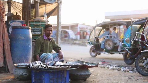Faridpur, Bangladesh- April 27, 2022 : 
A fishmonger is sitting on the side of the road selling fish. Roadside asian fish market.