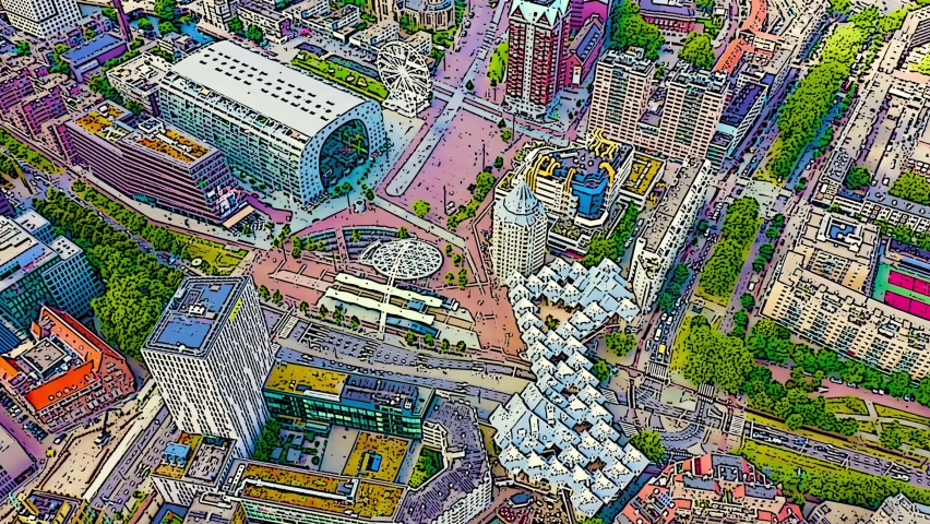 Rotterdam, Netherlands. The Cube Houses and the horseshoe-shaped market hall dominate the scene from an aerial perspective, showcasing one of the most distinctive modern architectural ensembles in Europe. The Cube Houses, tilted at 45 degrees on hexagonal pylons, form a striking geometric cluster beside the massive arched market building with its glass facade. The entire complex sits above a busy traffic artery, with the elevated cubes creating public space at street level. The cartoon rendering uses bold outlines and vibrant saturated colors to emphasize the angular forms of the cube structures against the curved arch of the market hall. The surrounding cityscape includes high-rise residential towers, tree-lined streets, and a central plaza with a circular canopy structure. The scene captures Rotterdam
