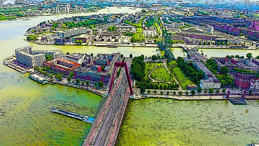 Color sketch in cartoon style. Rotterdam, Netherlands. Rotterdam Bridges - Williamsburg Suspension Bridge, De Hef Drawbridge and Koninginnebrug Bridge, Aerial View