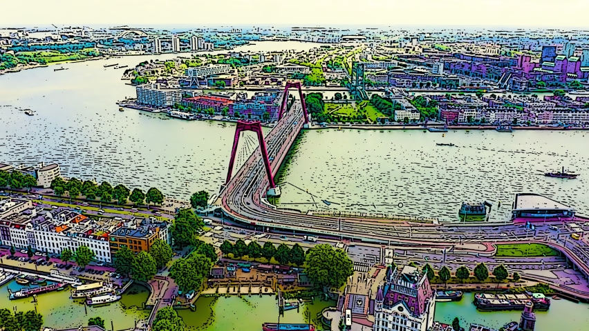 Rotterdam, Netherlands. The Willemsbrug, a red cable-stayed bridge with distinctive A-shaped pylons, spans the Nieuwe Maas River in a sweeping aerial view. The bridge