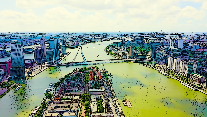Rotterdam, Netherlands. The Erasmus Bridge, a cable-stayed bridge with a single 139-meter asymmetrical pylon, spans the Nieuwe Maas River connecting the northern and southern halves of the city. The view captures Noordereiland, a historic island neighborhood with dense residential blocks and tree-lined streets, situated between the river channels. Modern high-rise buildings and office towers rise along both riverbanks, contrasting with the island