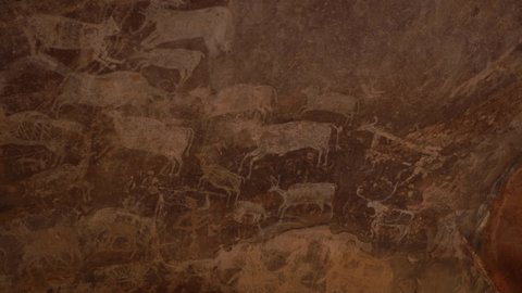Paleolithic rock painting at Bhimbetka rock shelters, UNESCO World Heritage Site, India.
