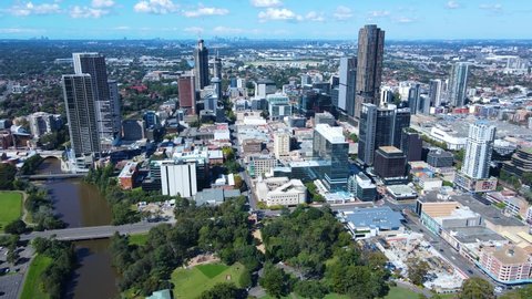PARRAMATTA, SYDNEY, NSW, AUSTRALIA – APRIL 15, 2022: Aerial drone view of Parramatta CBD in Greater Western Sydney, NSW, Australia showing Parramatta River and development of the city