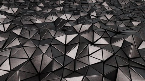 Realistic looping abstract 3D animation of the moving dark and scratched old weathered metal triangles pattern rendered in UHD as motion background